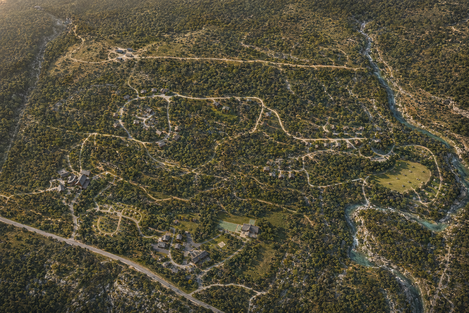 Illustrated aerial vision map of Flat Creek Crossing Family Camp and the three-parcel Valley View expansion